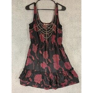 Anthropologie Ecote Beaded Tapestry Dress Red Black Floral Embellished